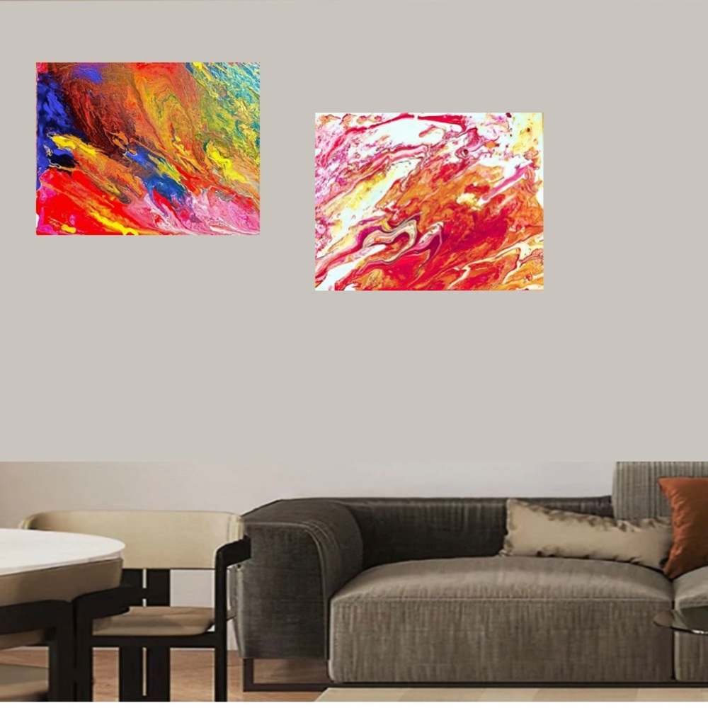 2 ORIGINAL Handmade Vibrant Abstract Canvas Art Liquid Pour Paintings Wall Decor